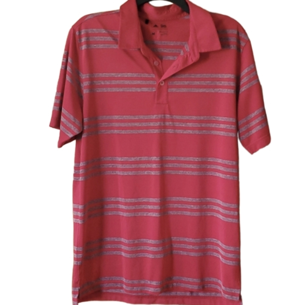 Adidas Mens Red and Grey Striped Golf Polo Short Sleeve Shirt Size Medium